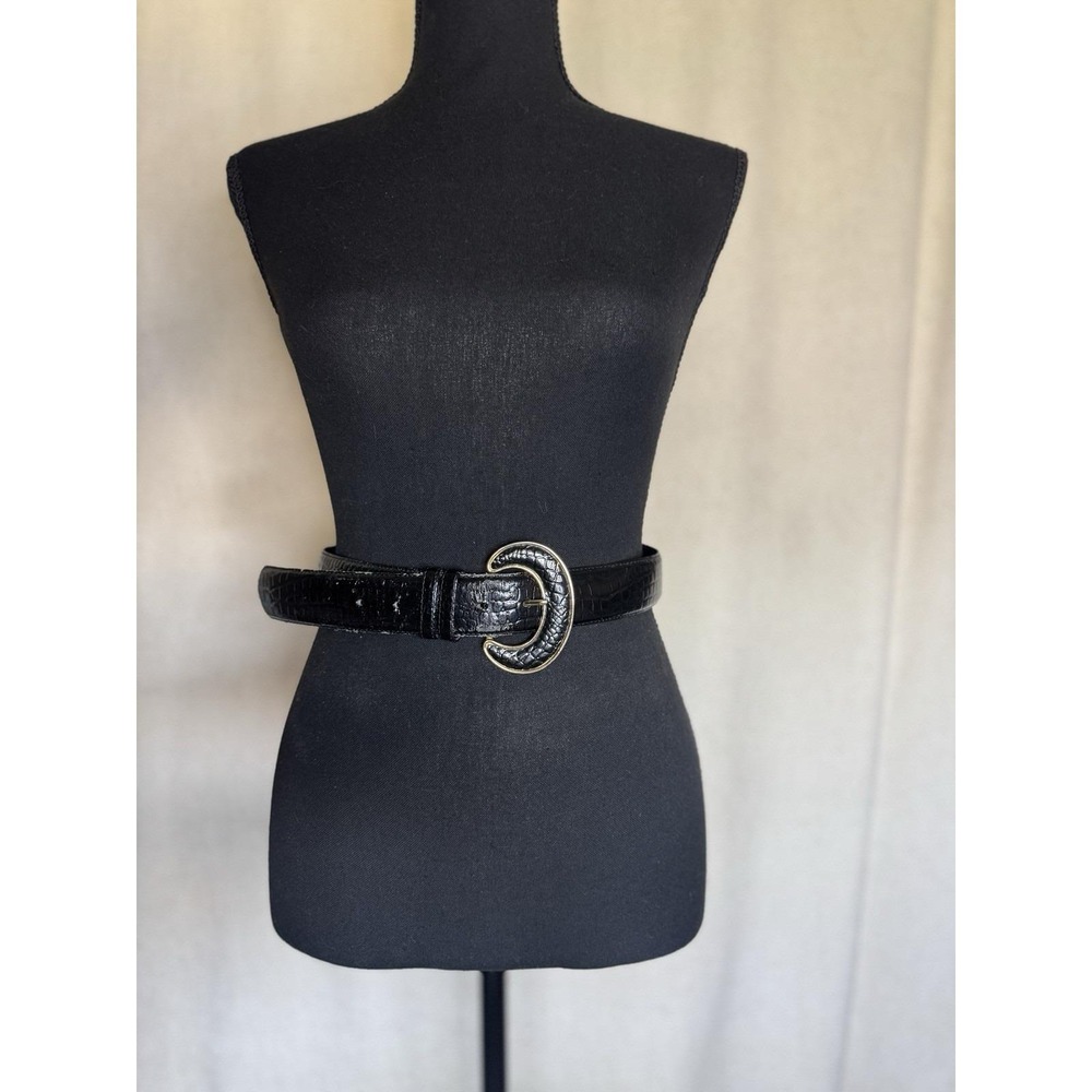 Vintage Black Croc Embossed Leather Belt Gold Crescent Buckle 80s Y2K Taiwan S/M